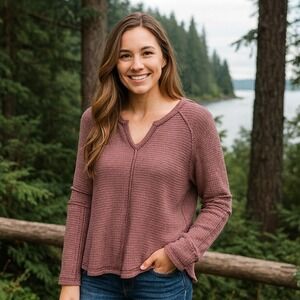 Boho Grunge PNW Bella Swan Aesthetic Mauve Waffle Knit Thermal Long Sleeve Top M